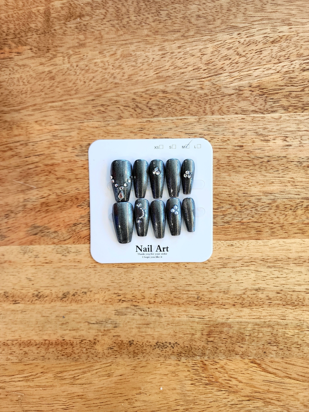 Metallic Gray Press-On Nail Set with Rhinestones